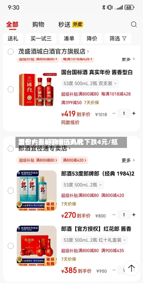 酒价内参6月16日费用发布：五粮液普五八代下跌4元/瓶