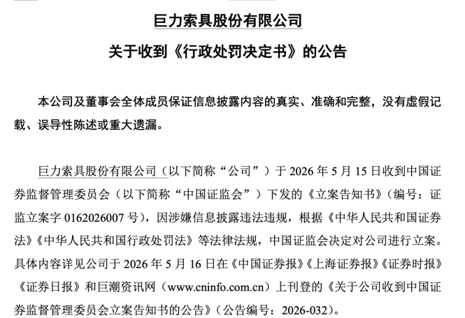 巨力索具	，被罚450万元